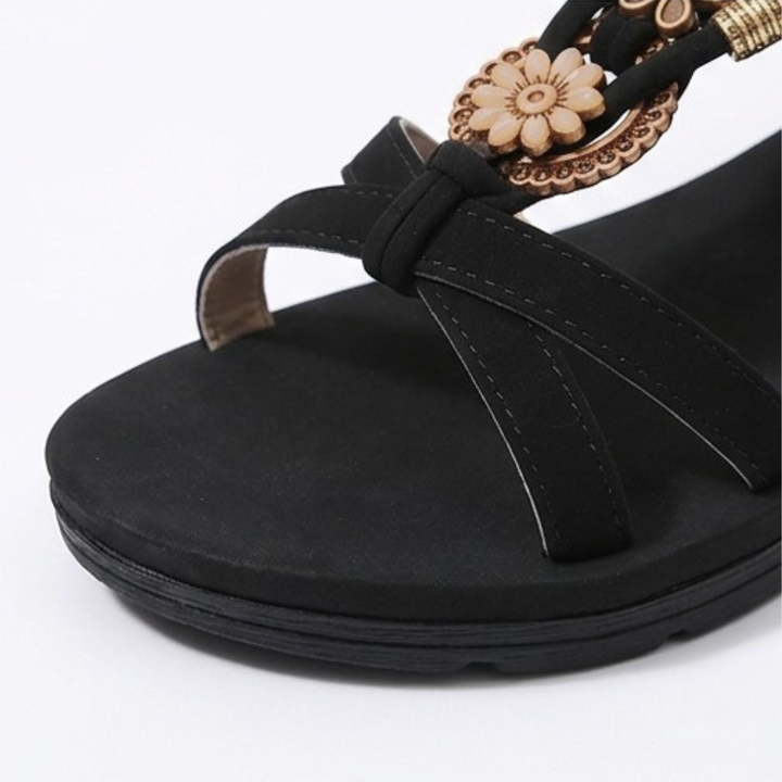 Soluna – Women's Boho Flat Sandals with Gold Floral Charms