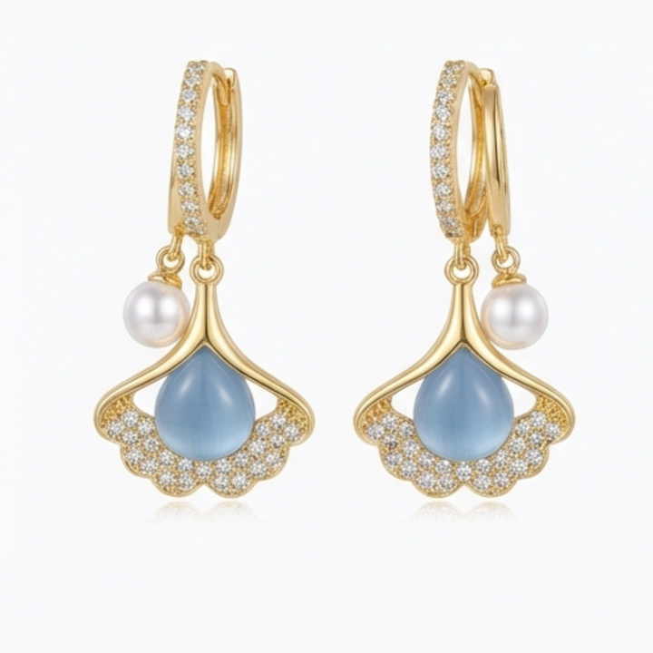 Ginara – Crystal Ginkgo Leaf Drop Earrings with Pearl