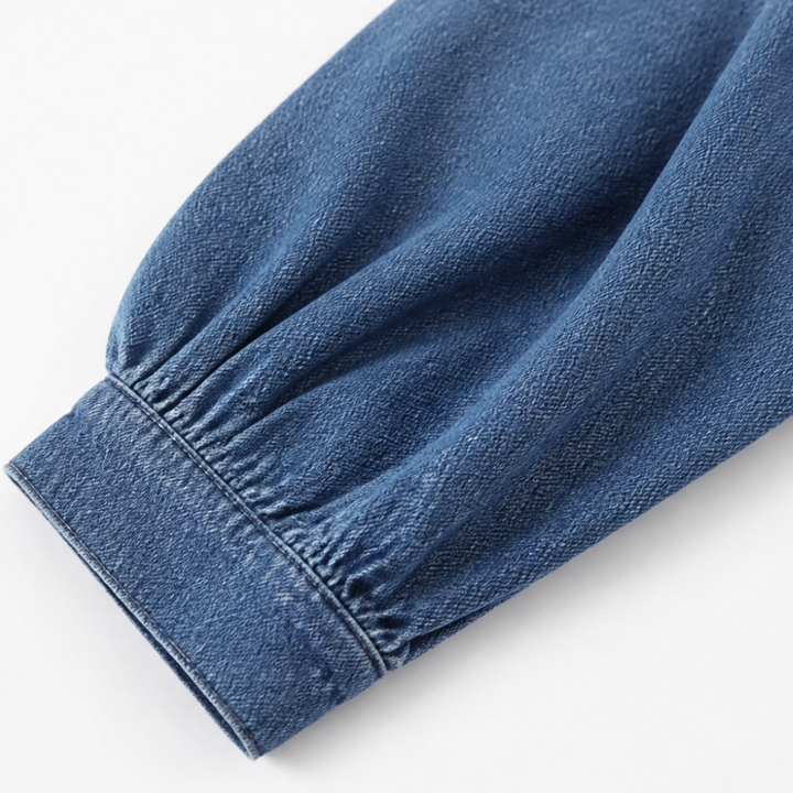 Denara – Lantern Sleeve Half-Button Denim Maxi Dress