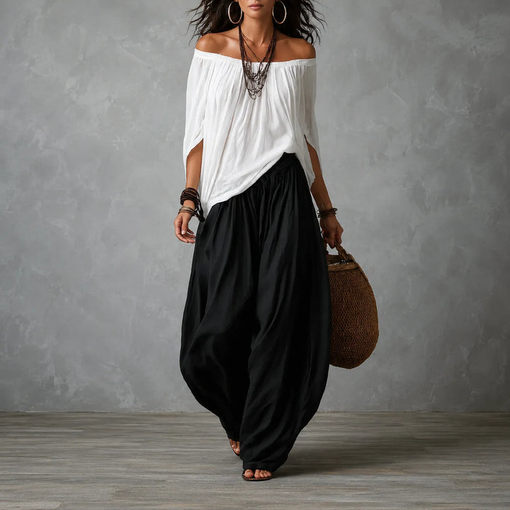 Solenza – Off-Shoulder Boho Top and Lantern Pants Set for Women