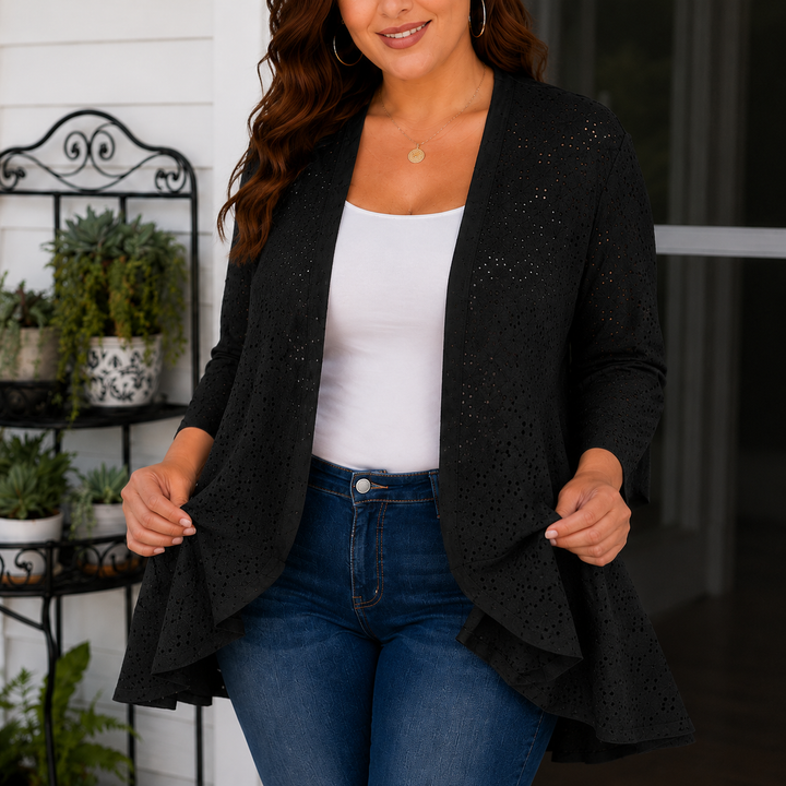 Veluna – Lightweight Eyelet Open-Front Cardigan for Women, 3/4 Sleeve Ruffle Hem Summer Layer