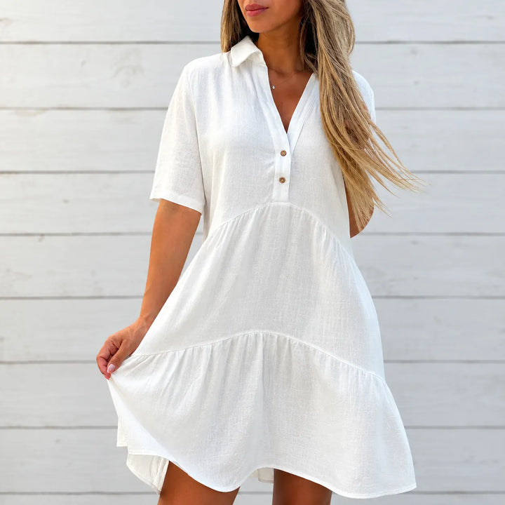 Marelle – Tiered V-Neck Linen-Look Mini Dress with Collar