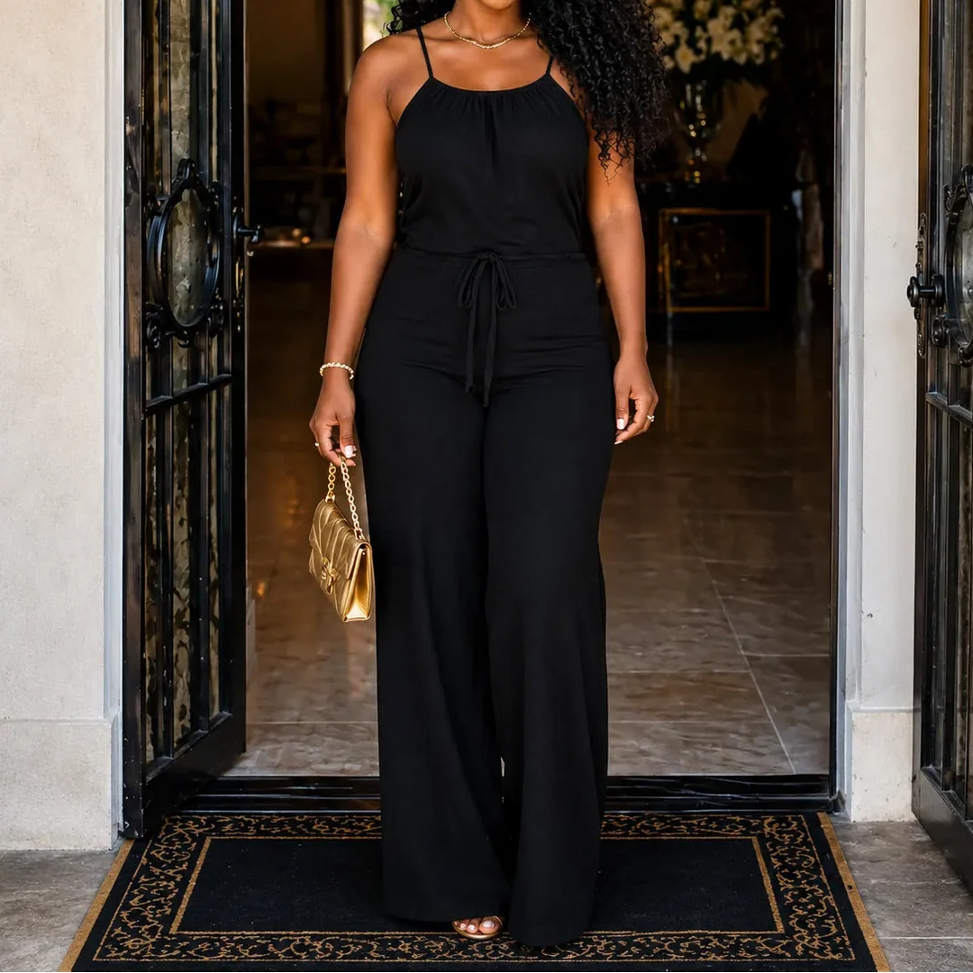 Soraya – Halter Wide-Leg Drawstring Jumpsuit, Summer Denim-Look