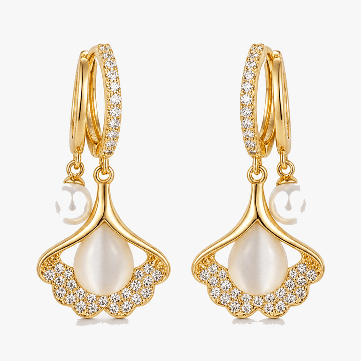 Ginara – Crystal Ginkgo Leaf Drop Earrings with Pearl