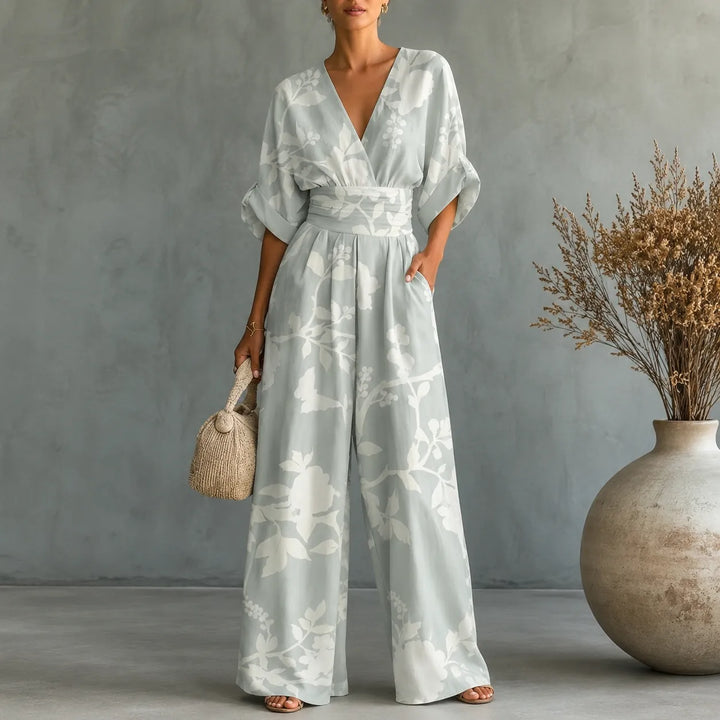 Solene – Printed V-Neck Wide-Leg Jumpsuit with Cinched Waist and Pockets