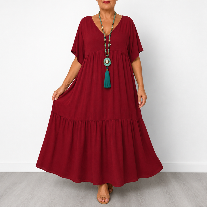Vellira – Plus Size V-Neck Tiered Midi Dress
