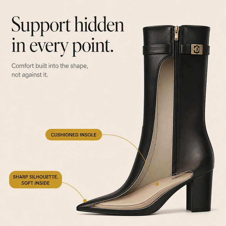 Solvera – Gold Buckle Pointed-Toe Knee-High Boots
