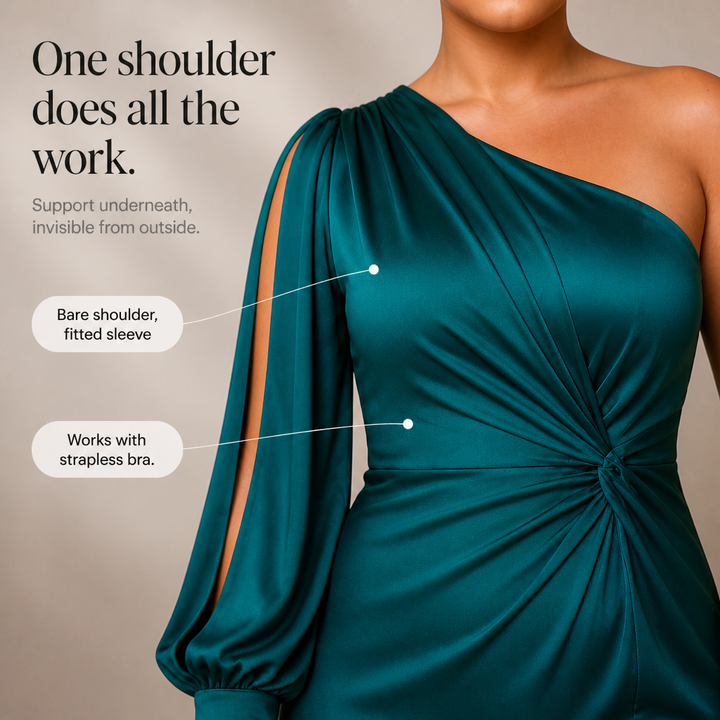 Sofia Belle – One-Shoulder Ruched Satin Gown