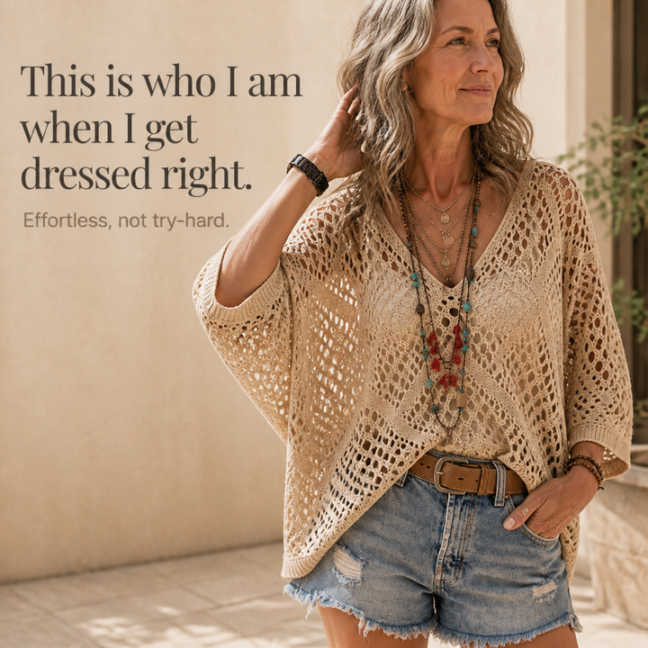 Sunlace – Diamond Openwork Drop-Shoulder Knit Top