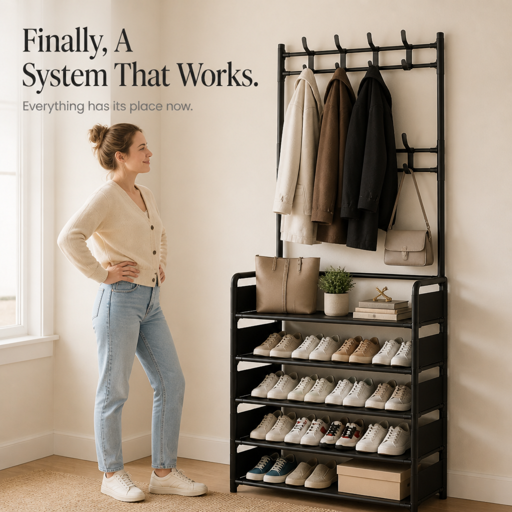 Haldrow – Tier Shoe Rack With Coat Hooks