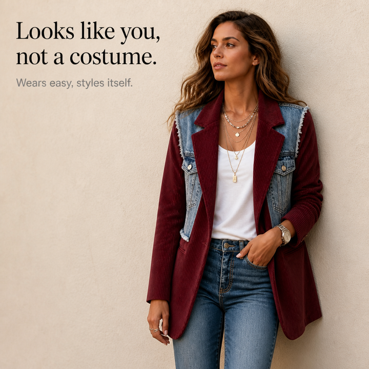 Corvella – Denim-Overlay Corduroy Raw-Hem Blazer