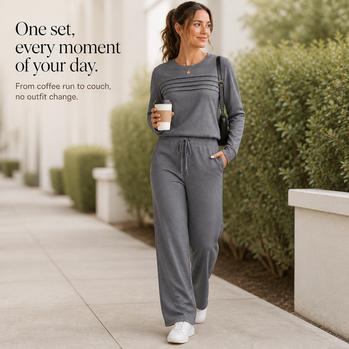 Wearbella – Pleated Crew Neck Drawstring Waist Lounge Set