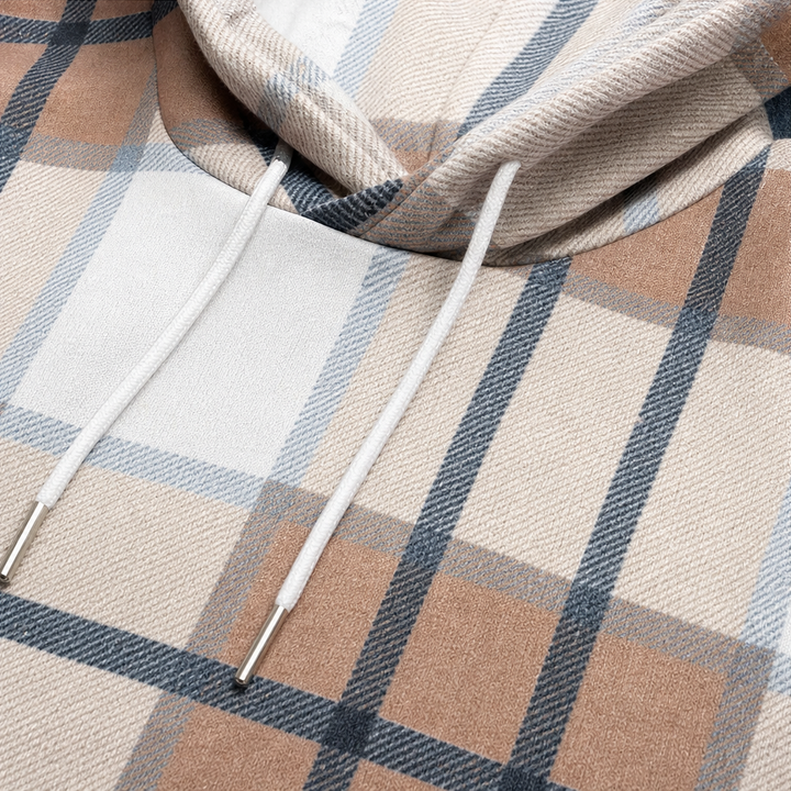 Plaidwell – Drawstring V-Neck Hooded Plaid Top