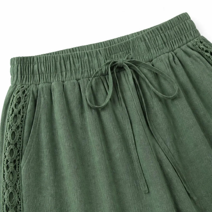 Marella – Wide Leg Boho Pants with Lace-like Side Trim and Drawstring Waist