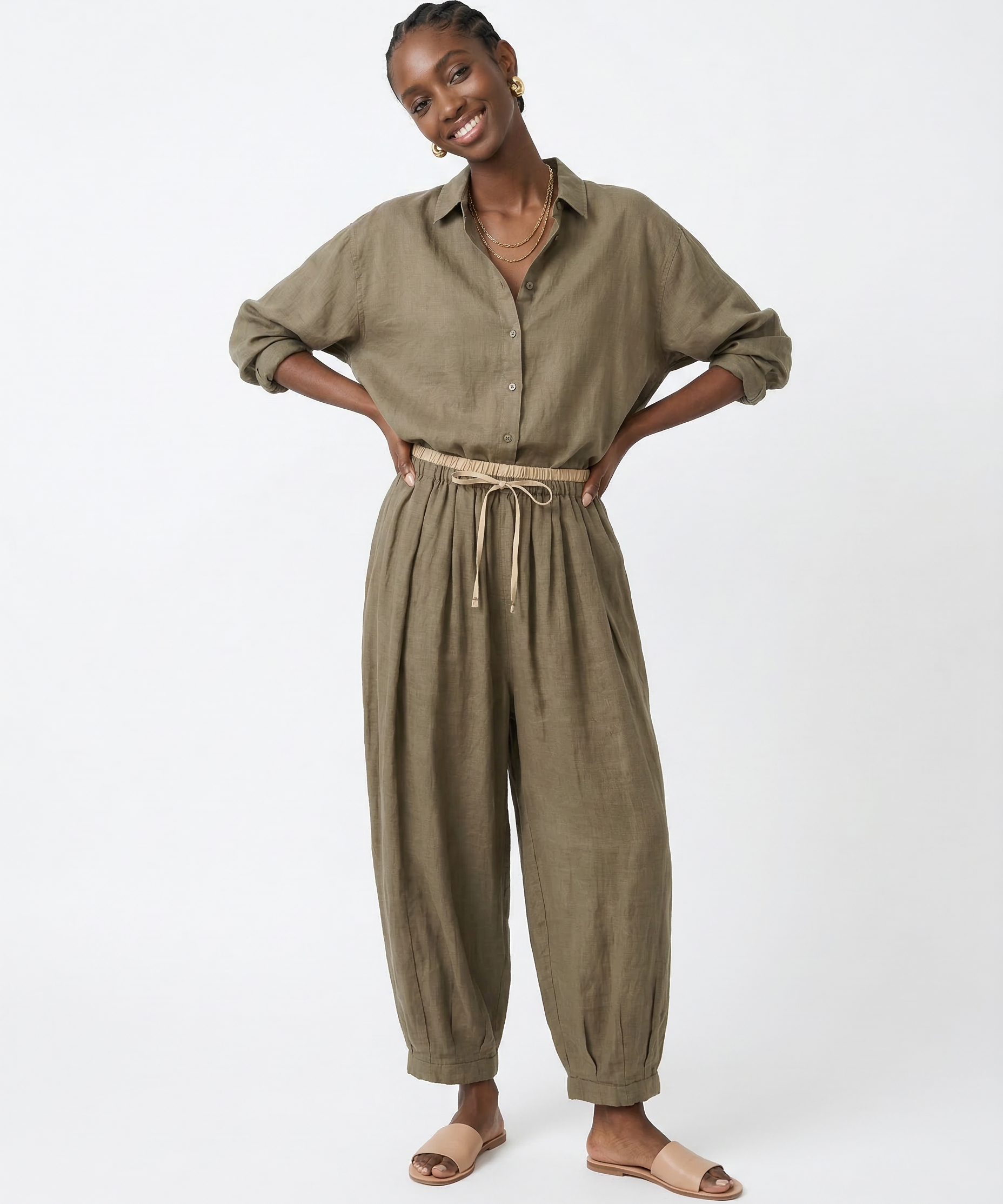Éline | Women's Linen Tapered Pants with High Stretch Waist