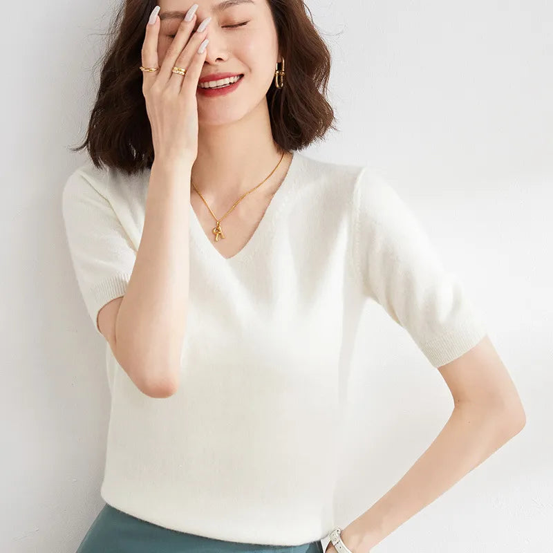 Elysian | Women’s Knit Top with V-Neckline and Short Sleeves