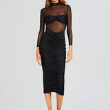 Bianca | Women's Sheer Ruched Midi Dress with Slim Fit Silhouette