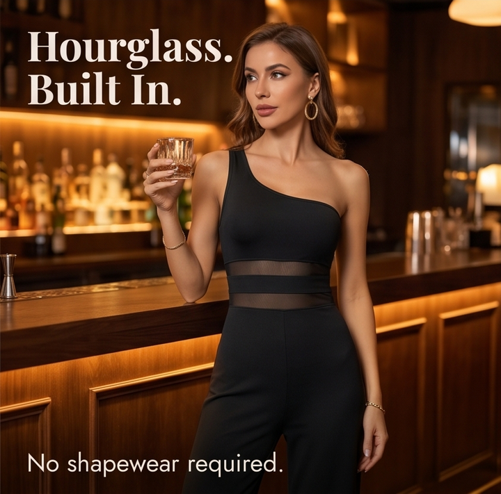 Veluna – Women's One-Shoulder Mesh Waist Jumpsuit