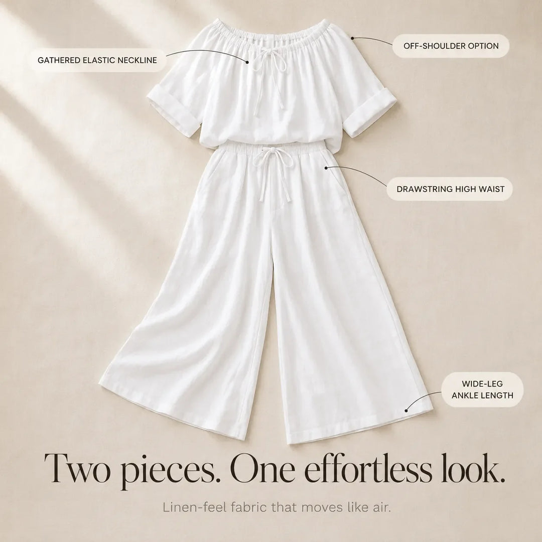 Soléne – Off-Shoulder Drawstring Top & Wide-Leg Pants 2-Piece Set