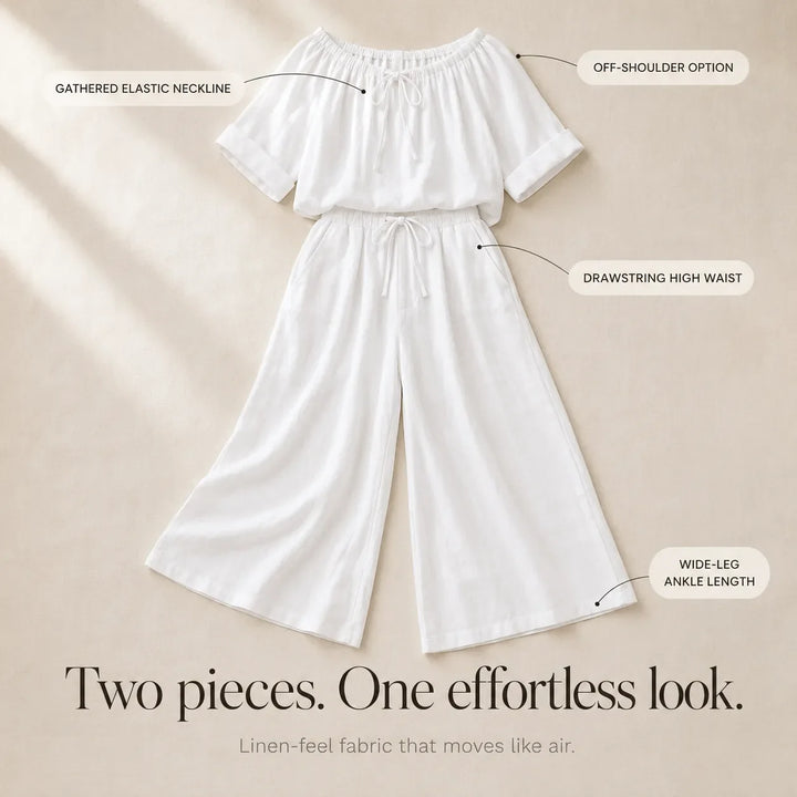 Soléne – Off-Shoulder Drawstring Top & Wide-Leg Pants 2-Piece Set