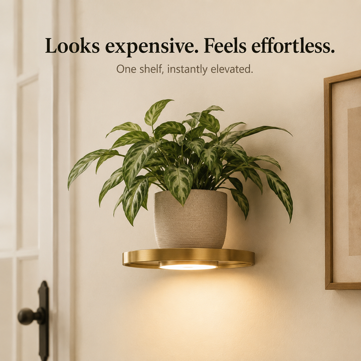 Lumeva - Floating LED Wall Shelf with Gold Finish, Rechargeable Ambient Light for Plants