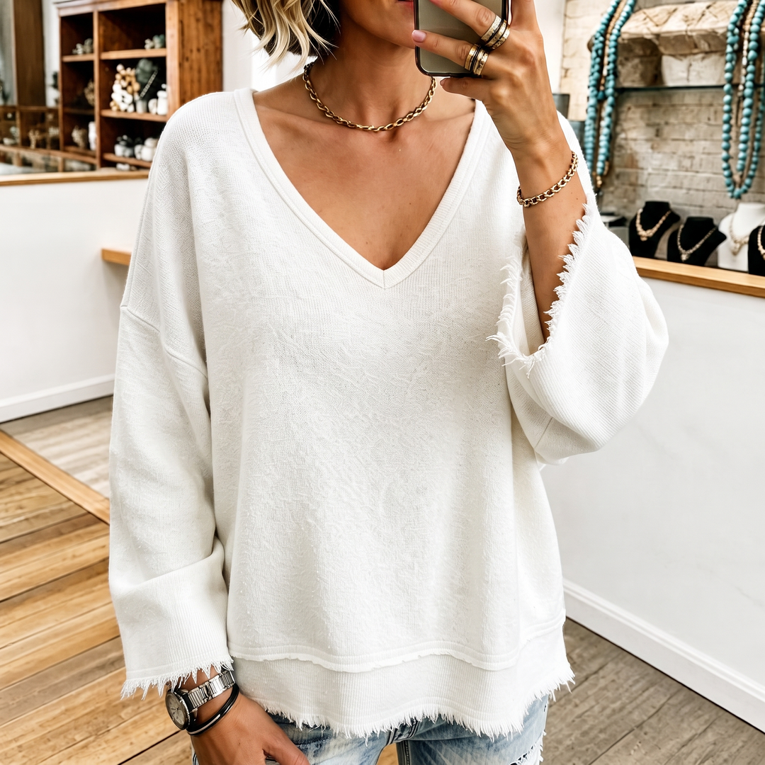 Wearbella – Raw-Hem Garment-Washed V-Neck Sweatshirt