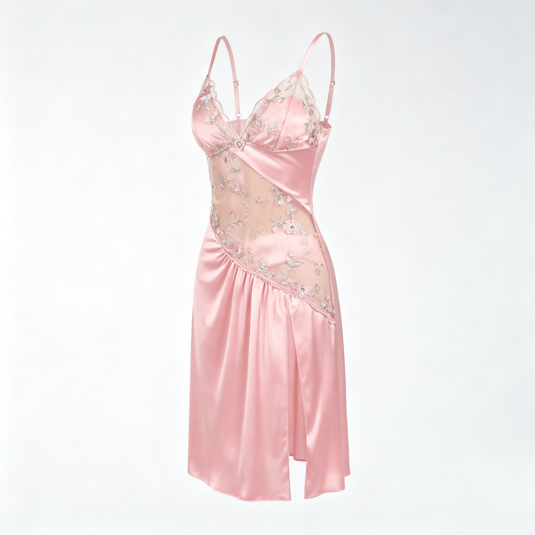 Florelle - Women's floral embroidered mesh nightgown with high slit