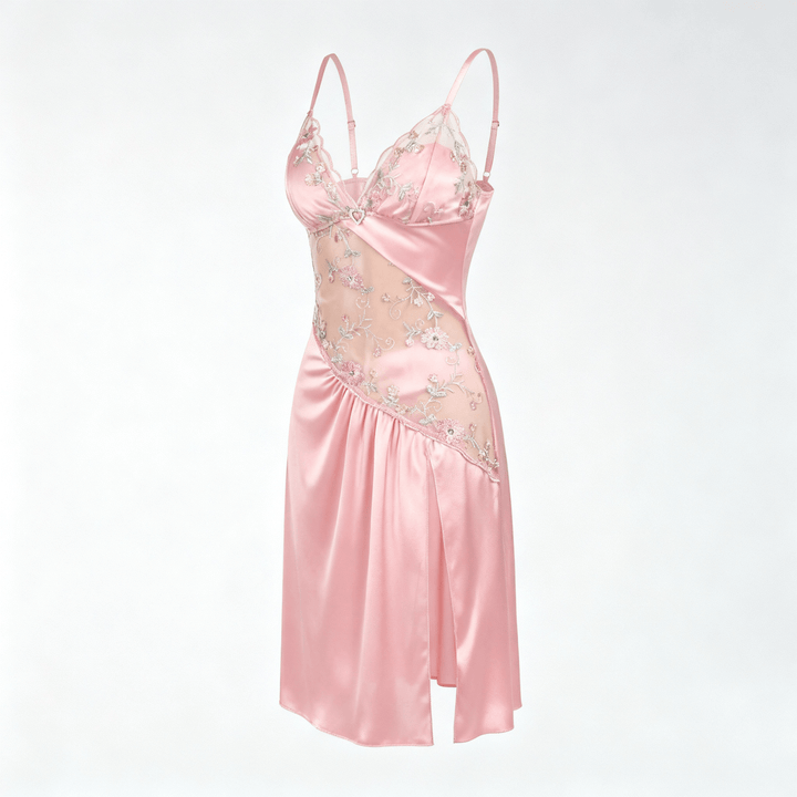 Florelle - Women's floral embroidered mesh nightgown with high slit