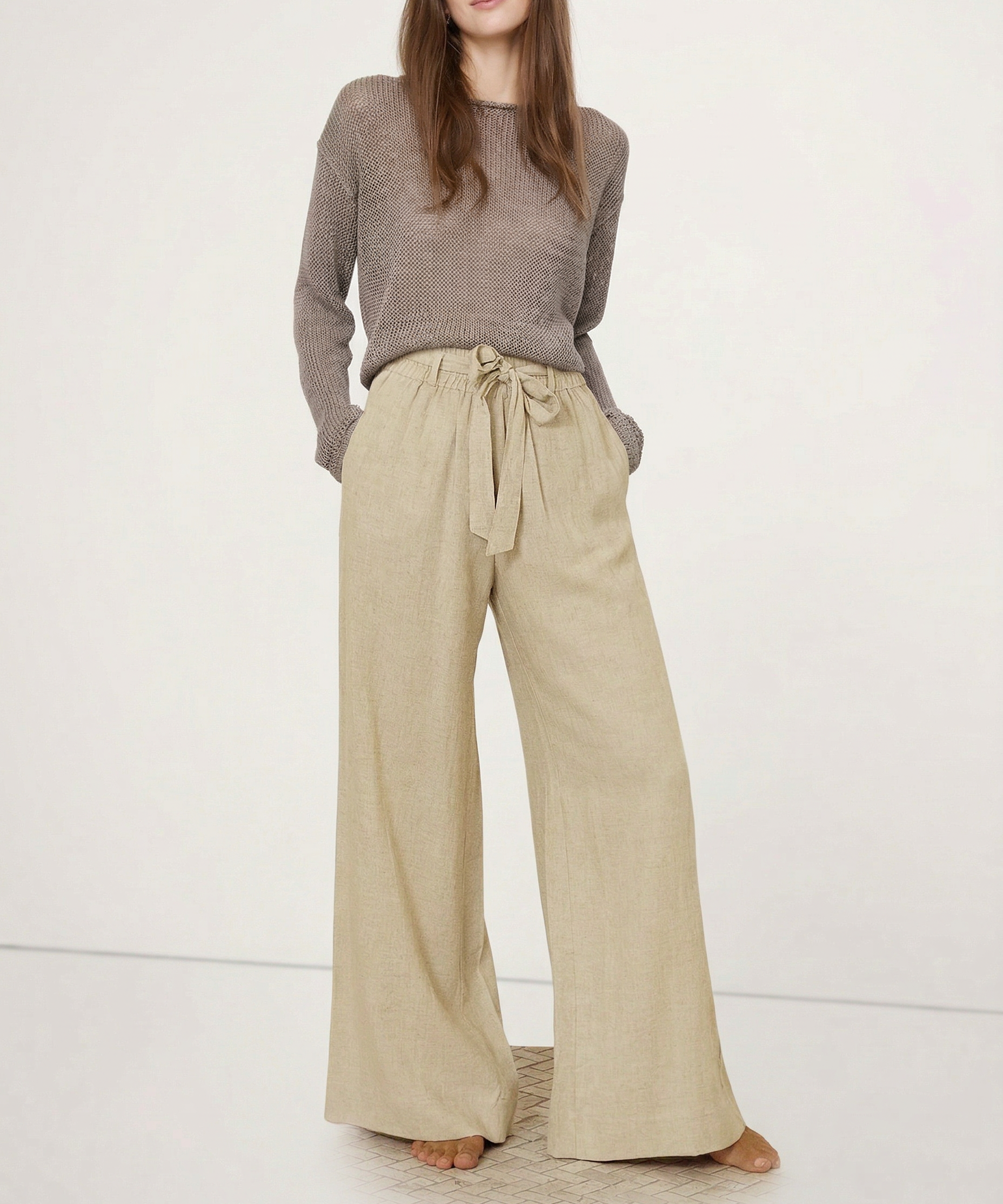 Calla | Women's Pants with Ruffled Waistband and Tie Belt
