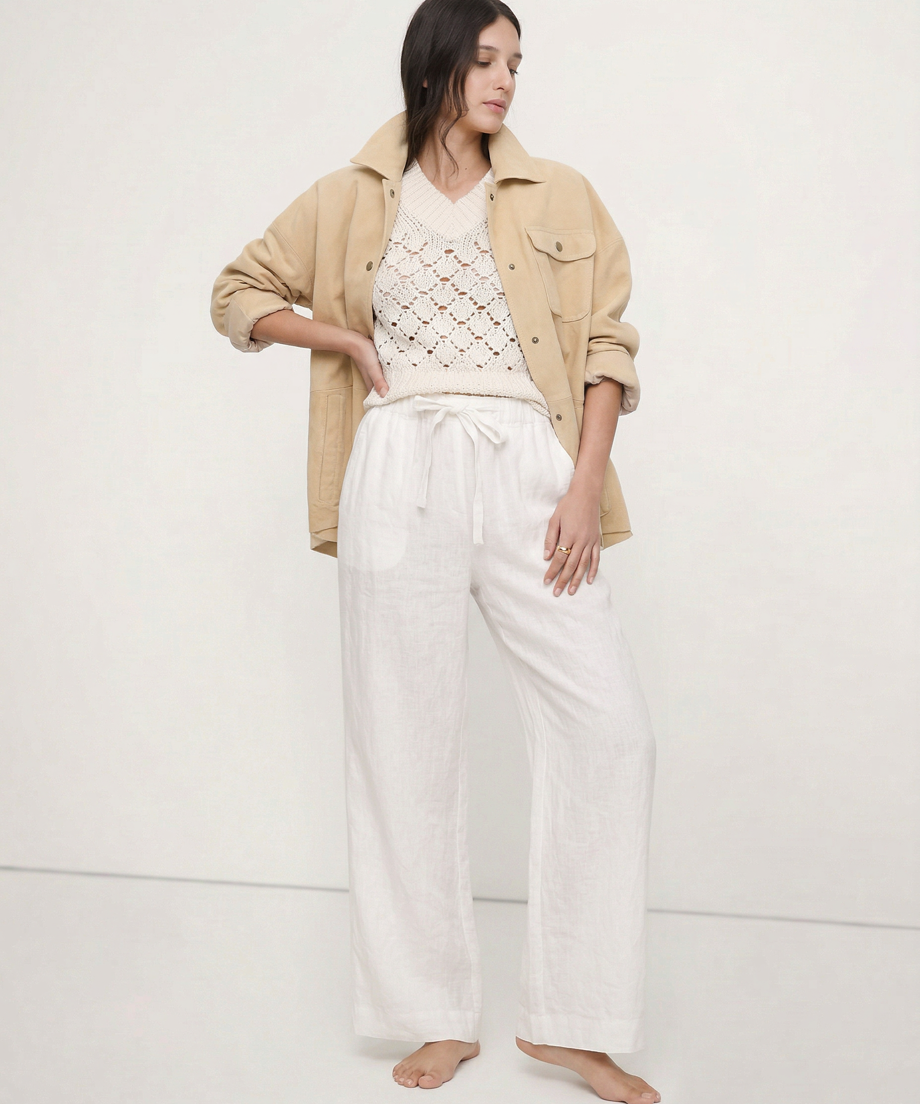 Calla | Women's Pants with Ruffled Waistband and Tie Belt