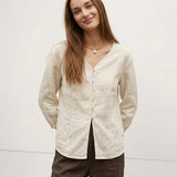 Maddie | Women Shirt With Linen Collarless V Neck