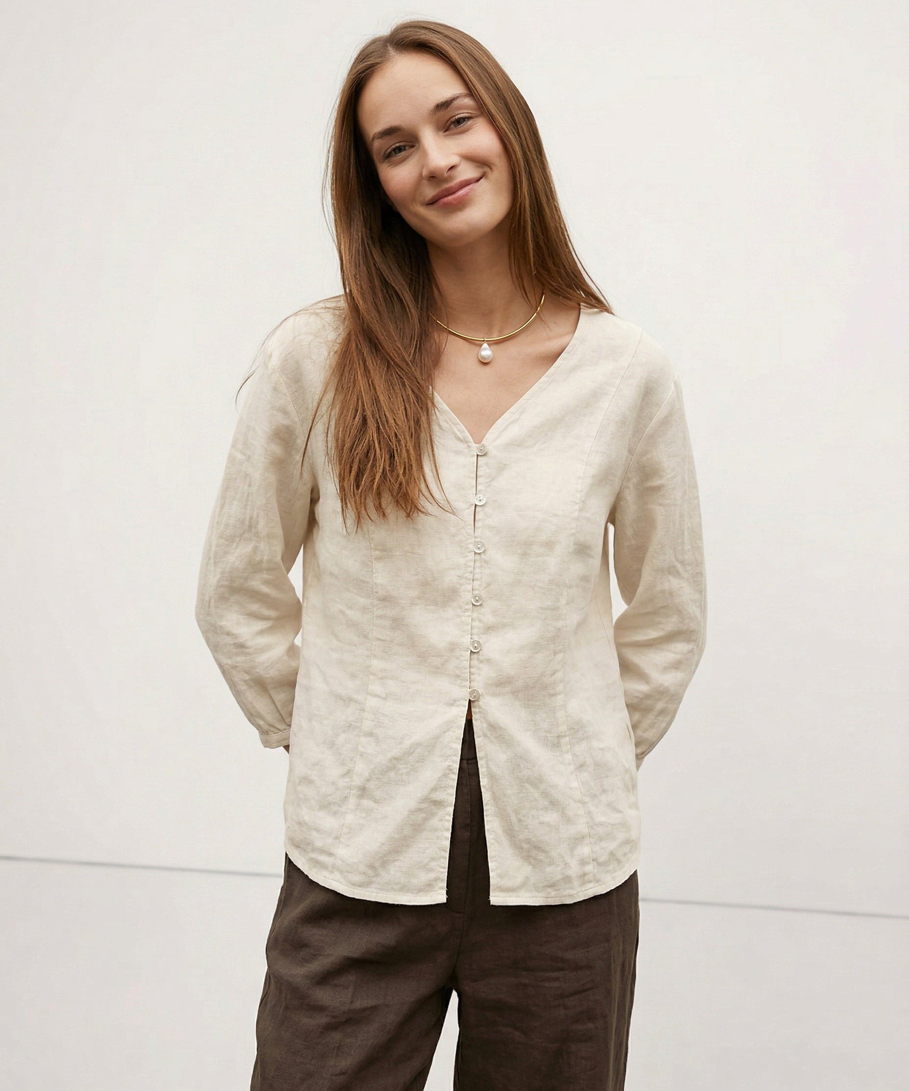 Maddie | Women Shirt With Linen Collarless V Neck