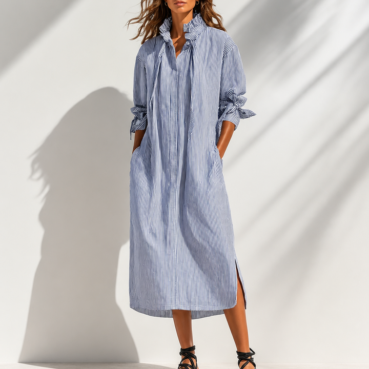 Verlyn – Striped Ruffle-Neck Long-Sleeve Midi Dress