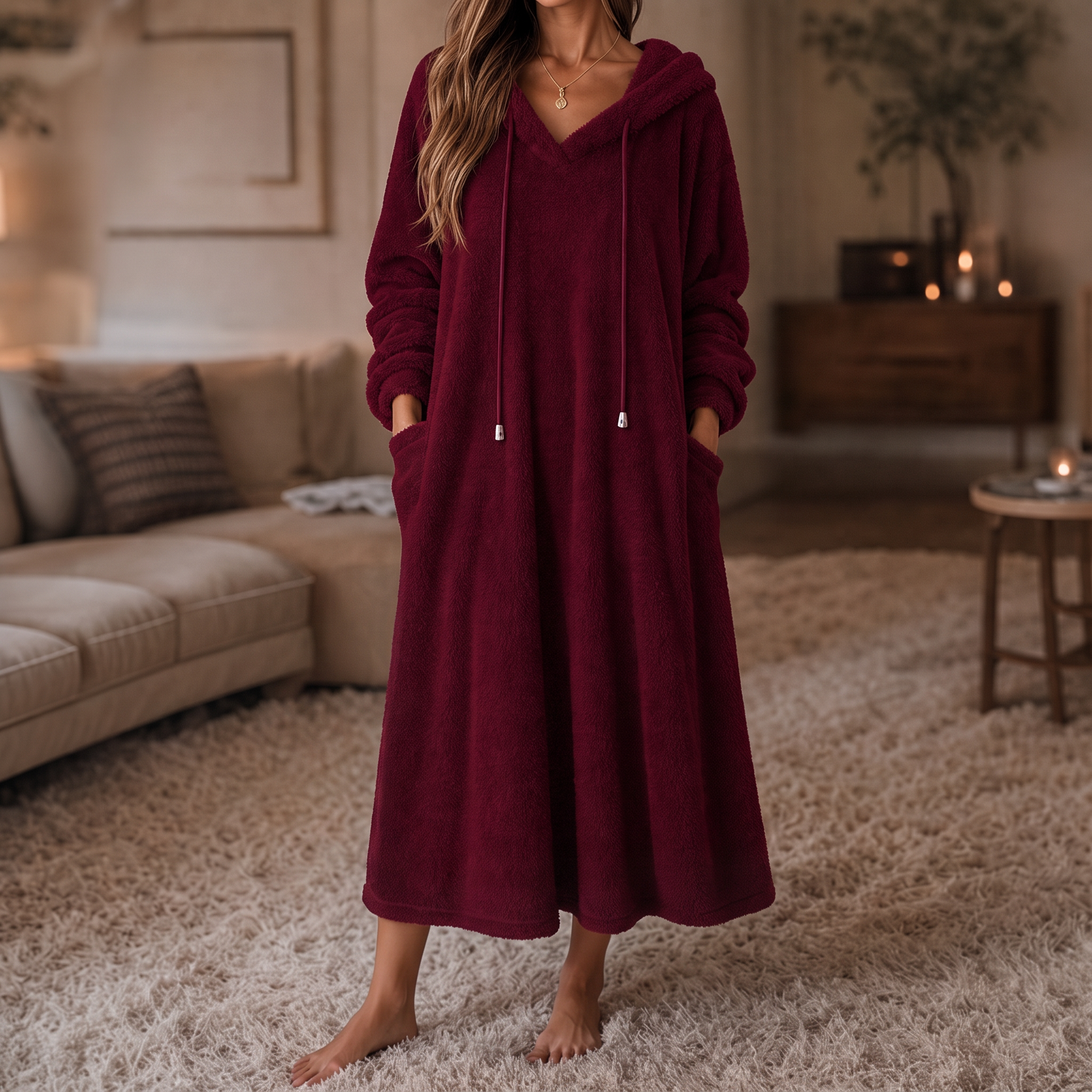 Wrapelle – Hooded Plush A-Line Maxi Lounge Dress