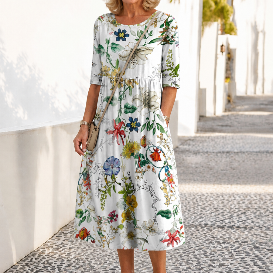 Wearbella – Floral Print Round-Neck Midi Dress