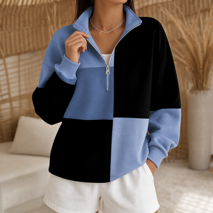 Colorplaid – Colorblock Plaid Stand-Collar Zip Sweatshirt