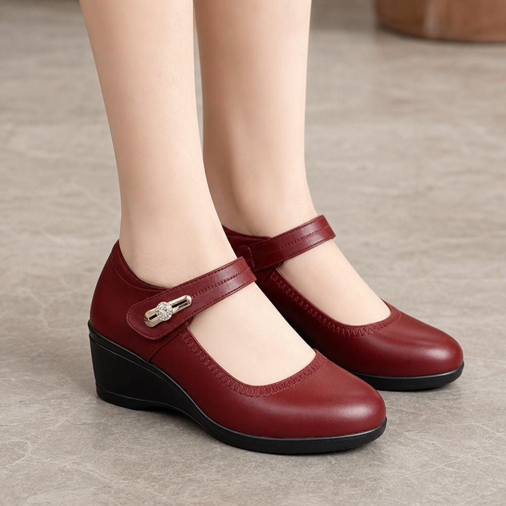 Solvana – Strap-Fastened Faux Leather Mary Jane Flats