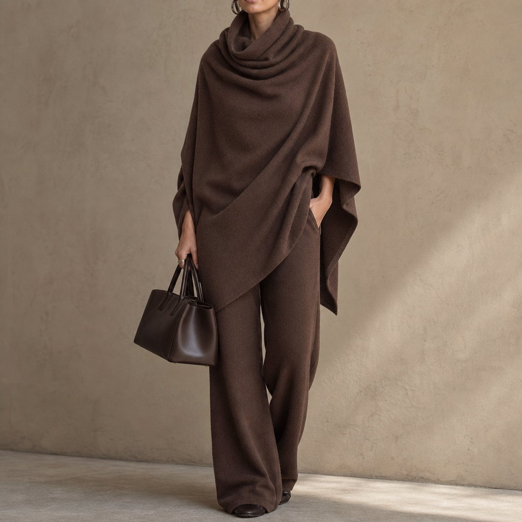 Draperie – Cowl-Neck Cape Top And Wide-Leg Trousers Set