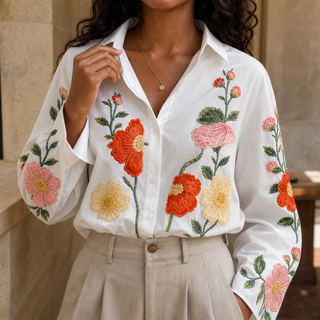 Lunabloom – Floral Embroidered-Look Lapel-Collar Blouse