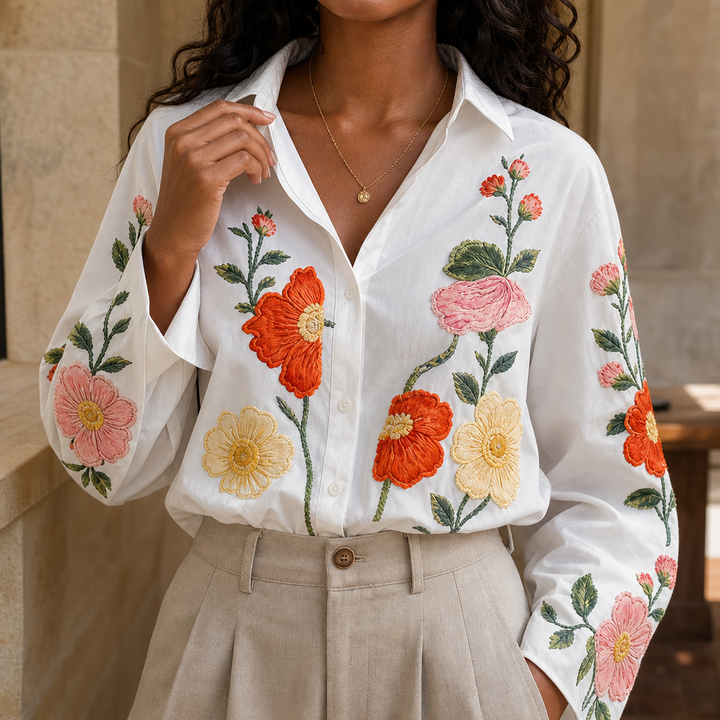 Lunabloom – Floral Embroidered-Look Lapel-Collar Blouse