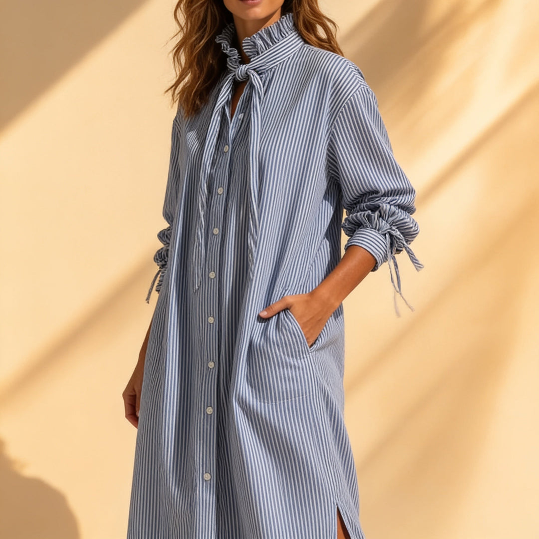 Verlyn – Striped Ruffle-Neck Long-Sleeve Midi Dress