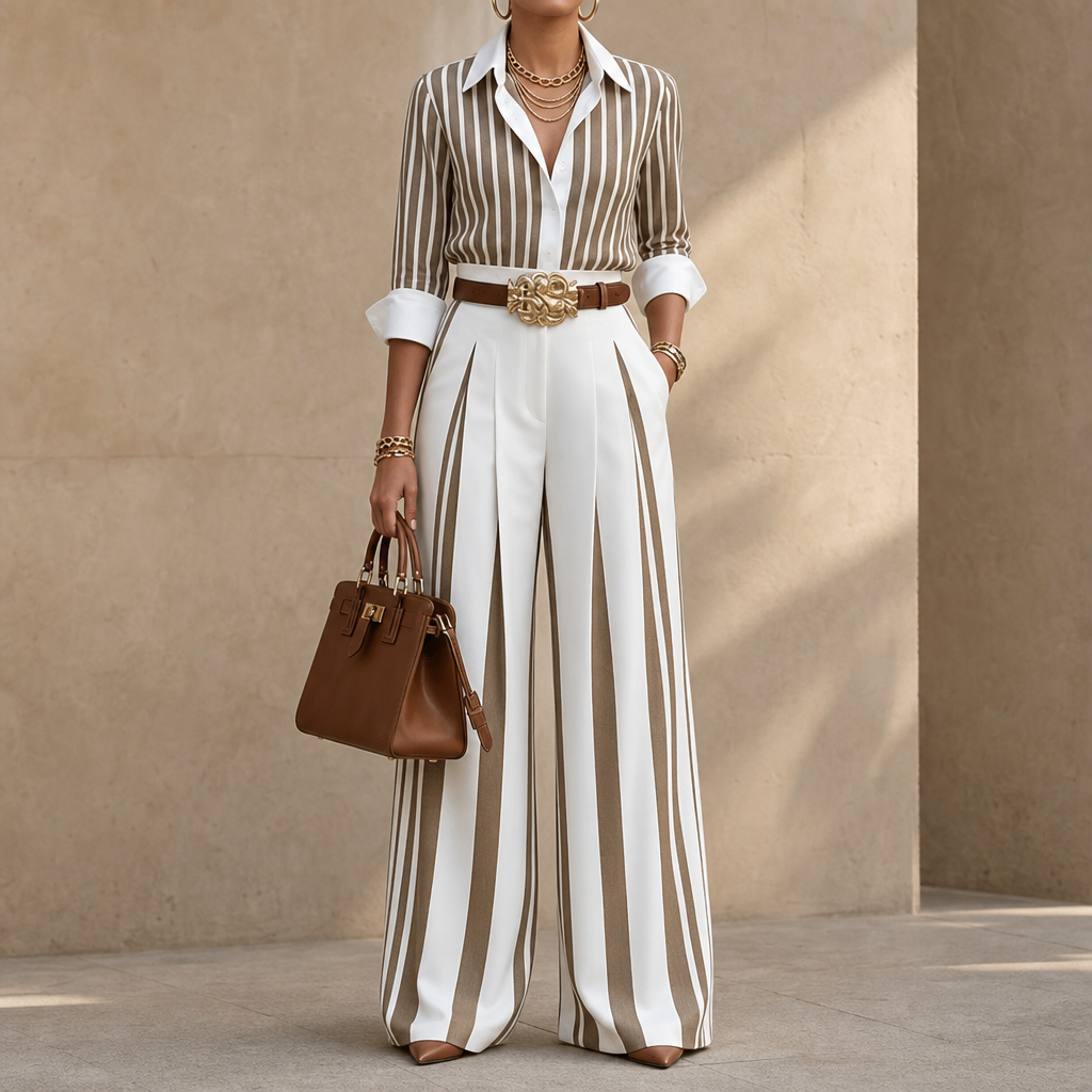 Lineleigh – Striped Wide-Leg Shirt And Pants Set