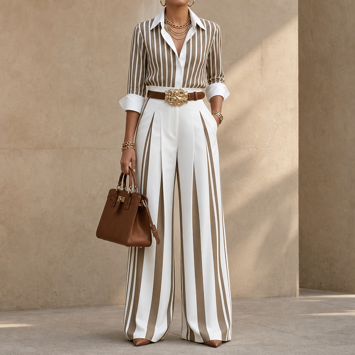 Lineleigh – Striped Wide-Leg Shirt And Pants Set