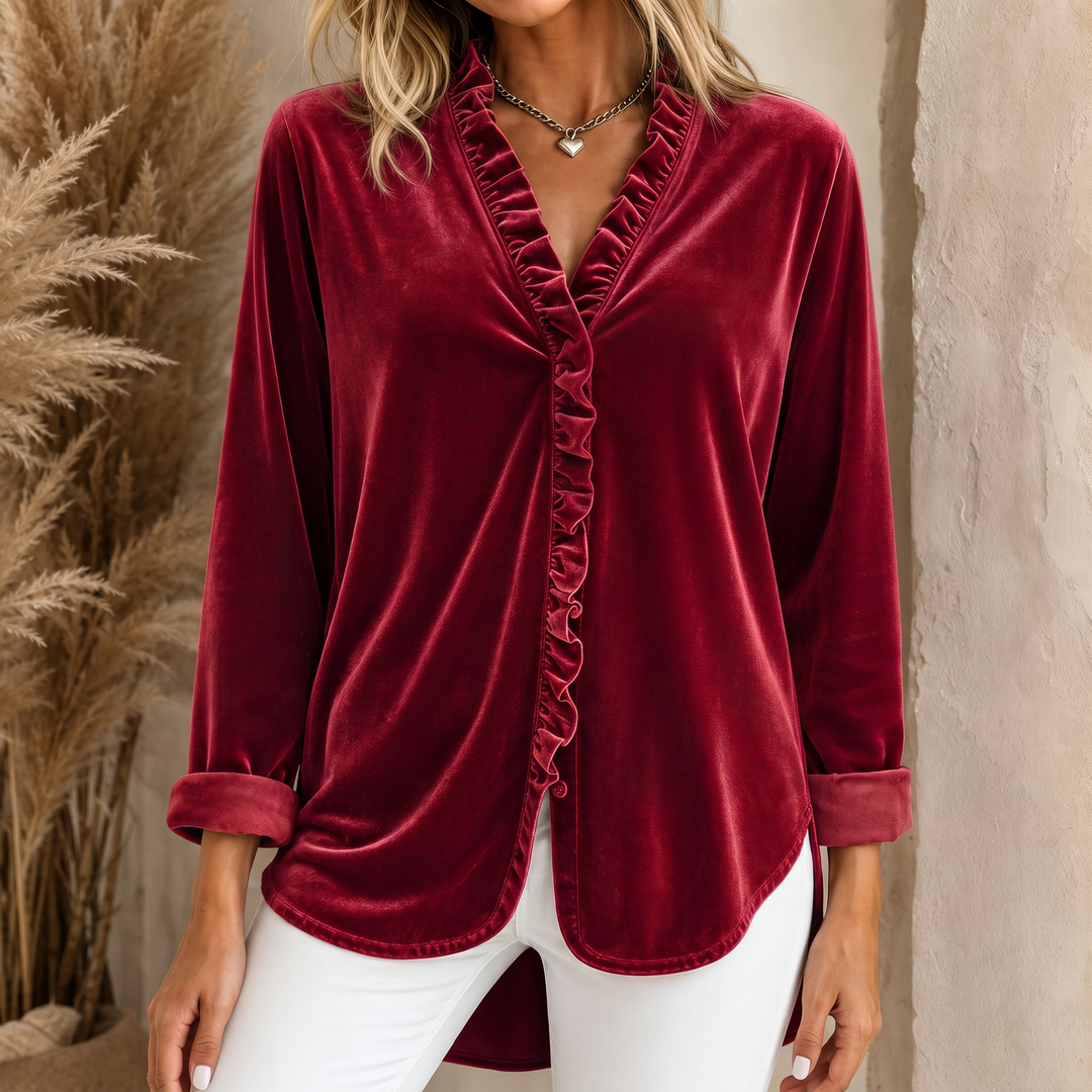 Rufflet – Ruffled V-Neck Velvet Blouse