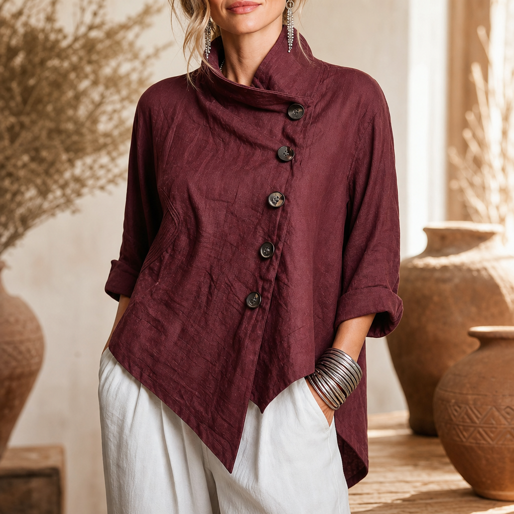 Linvella – Diagonal Button-Front High-Low Top
