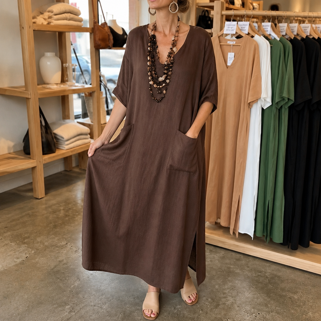 Marisole – Pocketed Loose-Fit V-Neck Maxi Dress