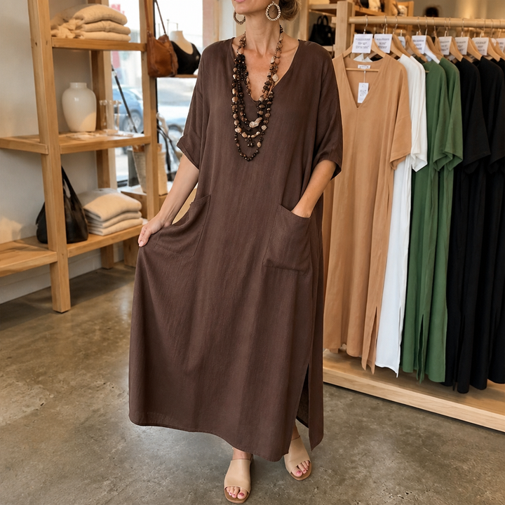 Marisole – Pocketed Loose-Fit V-Neck Maxi Dress