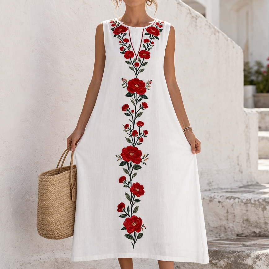 Lineluxe – Red Embroidered Sleeveless Maxi Dress