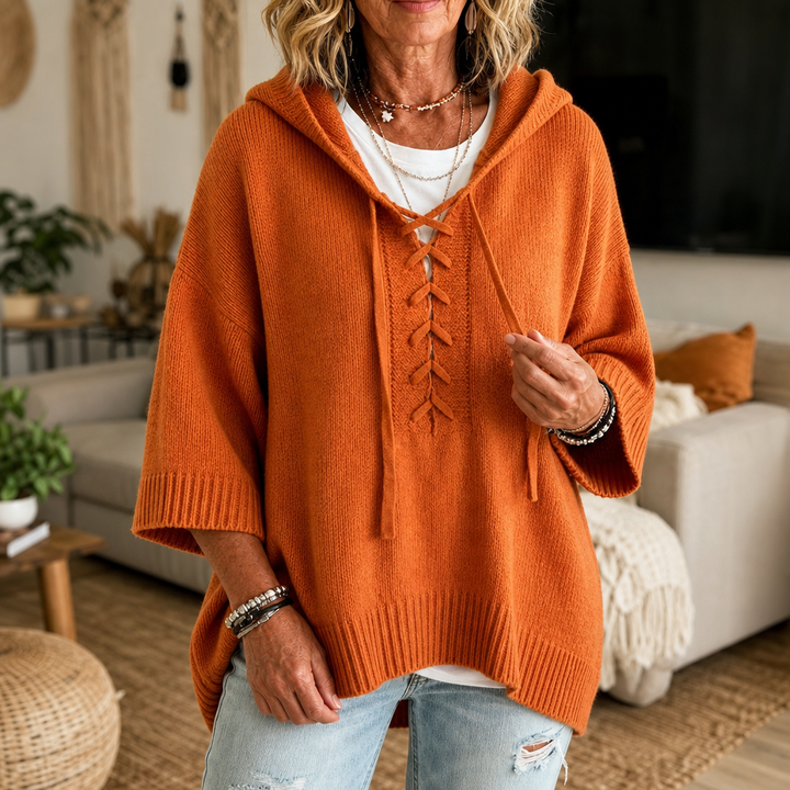 Lunarknit – Lace-Up Deep V Hooded Knit Pullover