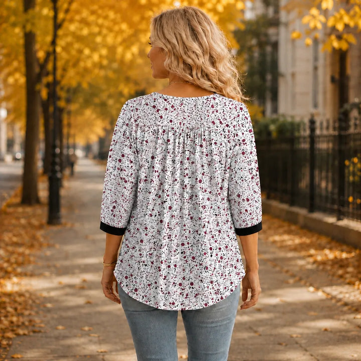 Evelora – Floral V-Neck Tunic Top with Button Yoke